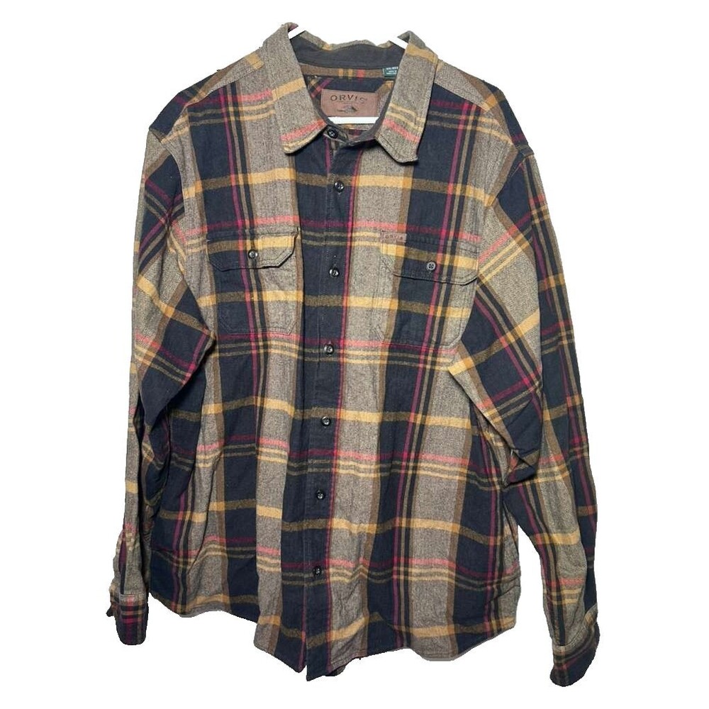 Orvis Flannel Button Down Shacket Shirt Men's XXL Brown Long Sleeves